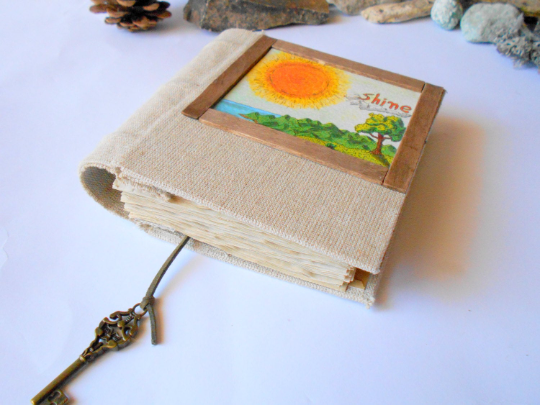 Personalized journal- inspirational blank book with fabric hardcovers- coffee colored pages- rustic art sketchbook- ecofriendly art journal