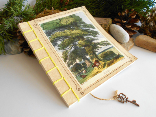 Handmade travel notebook journal with Tree Art- stab binding and soft covers- custom thread colors- sketchbook with 100% recycled pages- Eco-friendly gift for writers, artists and teachers