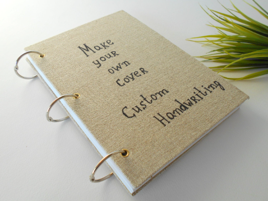 Refillable handmade journal- Custom burlap fabric sketchbook with a pocket inside the cover- 100% recycled pages- custom handwriting- eco-friendly blank book