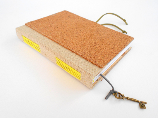 Handmade travel journal with hard cork covers- custom color binding- Eco friendly coptic journal- 100% recycled pages- Burlap rustic travel journal