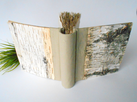 Handmade journal book- Rustic journal with birch bark hardcovers and linen fabric spine- coffee colored pages-rustic birch sketchbook
