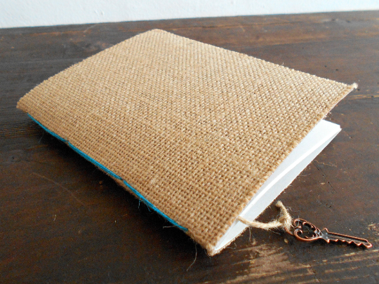 Fabric-paper notebook journal with Hemp cords- burlap rustic handmade journal- 100 recycled pages-writers notebook-choose hemp binding color