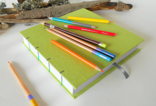 Coptic travel journal- green fabric sketchbook journal- handmade light green sketchbook- 100% recycled paged travel book