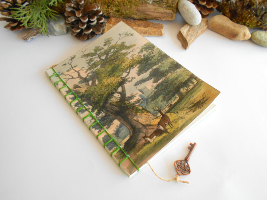 Handmade travel notebook journal with tree art- stab binding and soft covers- custom thread colors- sketchbook with 100% recycled pages- Ecofriendly gift