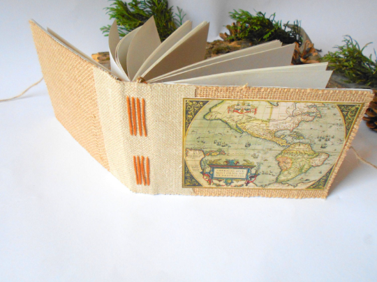 Americas Map Travel journal- Antique map sketchbook-hardcovers- Rustic burlap journal- 100% recycled- custom burlap journal- eco-friendly gift Media 1 of 4