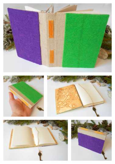 Felt travel journal hardcovers with a key bookmark- travel journal- blank book with 100 pages of 100% recycled paper- Eco-friendly journal
