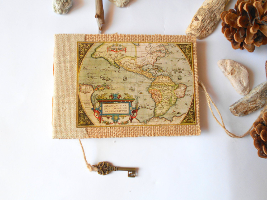 Americas Map Travel journal- Antique map sketchbook-hardcovers- Rustic burlap journal- 100% recycled- custom burlap journal- eco-friendly gift Media 1 of 4