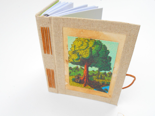 Art Travel journal with an oak tree art- blank book with coffee card stock and linen burlap- 100% recycled pages- custom binding color, eco-friendly gift for writers and artists
