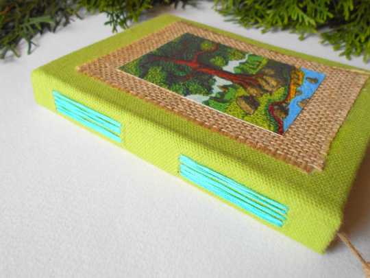 Art sketchbook with green fabric soft covers- Hemp stab binding- 100% -  Exiarts & Ecocrafts