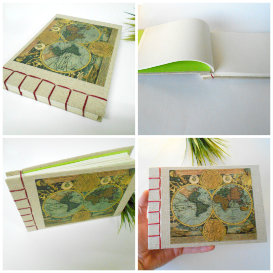 Map sketchbook with 100% recycled pages- eco-friendly fabric sketchbook- personizable journal with Hemp stab binding