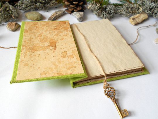 Handmade travel journal with coffee colored pages-green fabric hardcover journal, personilized refillable journal with ribbon binding- Eco-Friendly craft