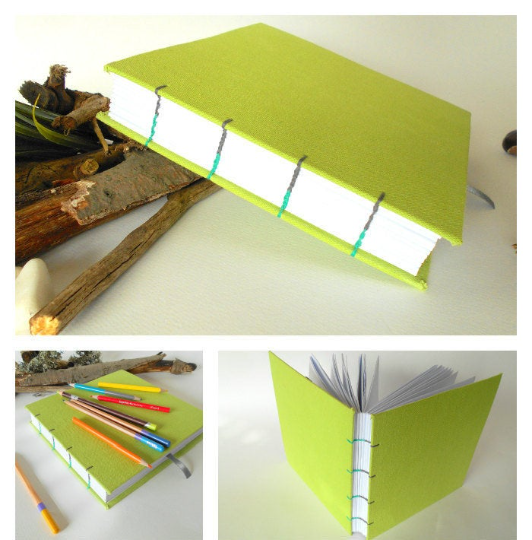 Coptic travel journal- green fabric sketchbook journal- handmade light green sketchbook- 100% recycled paged travel book