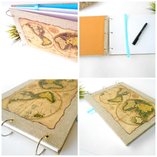 Handmade world map sketchbook journal- refillable journal with 100% recycled pages-old world map sketchbook with burlap fabric harcovers and a bookmark