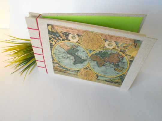 Map sketchbook with 100% recycled pages- eco-friendly fabric sketchbook- personizable journal with Hemp stab binding