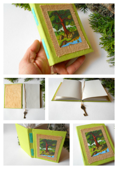 Handmade travel journal with art tree, green fabric hardcovers, key bookmark- blank book with 100% recycled paper- Eco-friendly rustic art journal