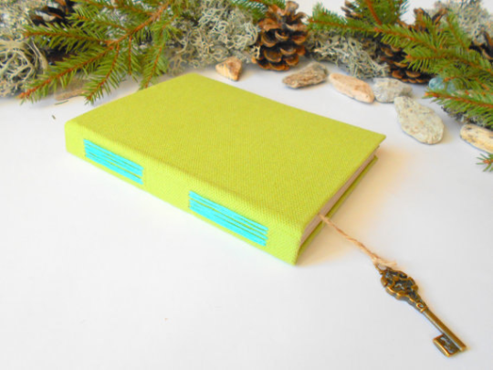 Handmade travel blank journal with green fabric hardcovers and key bookmark- blank book with 100% recycled pages- Ecofriendly blank book