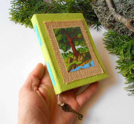 Handmade travel journal with art tree, green fabric hardcovers, key bookmark- blank book with 100% recycled paper- Eco-friendly rustic art journal