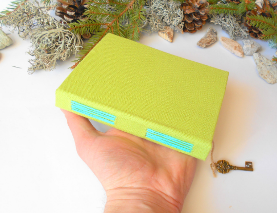 Handmade travel blank journal with green fabric hardcovers and key bookmark- blank book with 100% recycled pages- Ecofriendly blank book