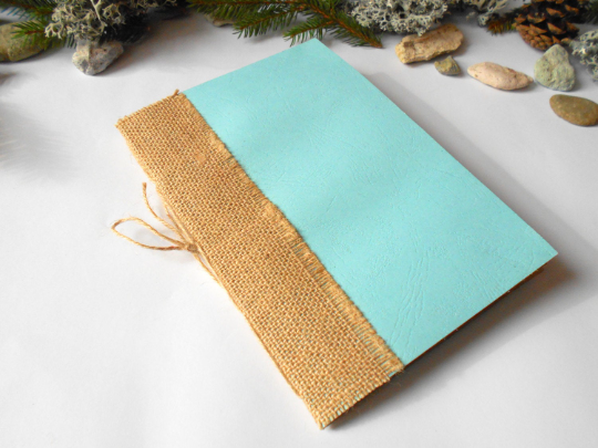 Handmade turquoise blue notebook journal with burlap fabric spine and twine binding- 100% recycled coffee pages- rustic refillable notebook- eco-friendly gift