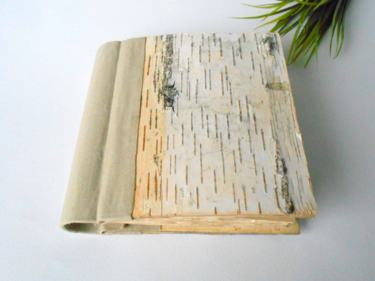 Handmade journal book- Rustic journal with birch bark hardcovers and linen fabric spine- coffee colored pages-rustic birch sketchbook