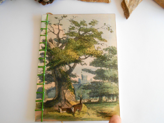 Handmade travel notebook journal with tree art- stab binding and soft covers- custom thread colors- sketchbook with 100% recycled pages- Ecofriendly gift