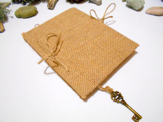 Burlap travel journal with refillable twine binding- recycled coffee pages- key bookmark- personalized refillable rustic journal