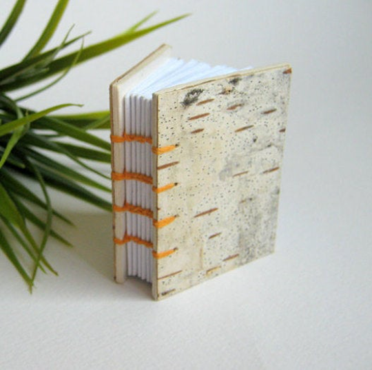 Birch bark coptic journal, handmade with forest material notebook- blank pages 100% recycled- customize with your size and colors
