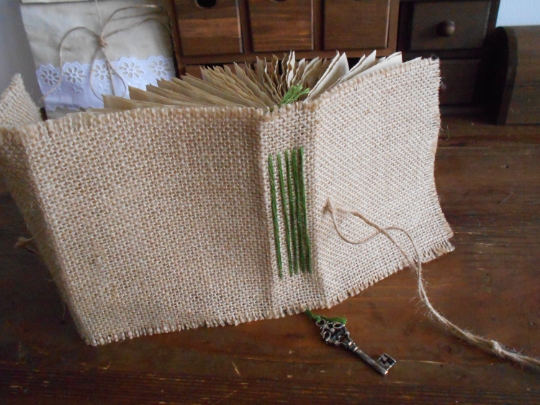 Burlap travel journal with burlap fabric covers and custom thread colors- fabric sketchbook- coffee stained pages- Ecofriendly book