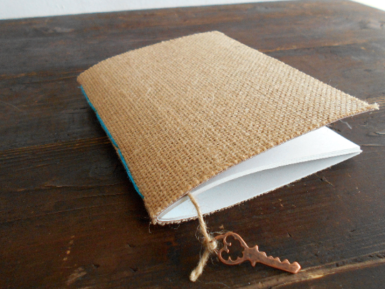 Fabric-paper notebook journal with Hemp cords- burlap rustic handmade journal- 100 recycled pages-writers notebook-choose hemp binding color