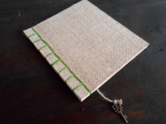 Fabric-paper notebook journal with soft covers- Hemp bound burlap rustic handmade journal- recycled pages- writers notebook