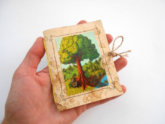 Handmade travel notebook journal- coffee colored with an Oak Tree art print on the cover- Choose 60 or 120 pages-100% recycled- Eco friendly notebook with art by Hristo Hvoynev