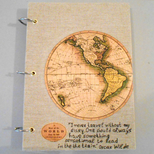 Handmade World Map travel journal with 100% recycled pages- 54 lbs.- 80 gsm.- fabric refillable hardcover journal- with a pocket inside the cover