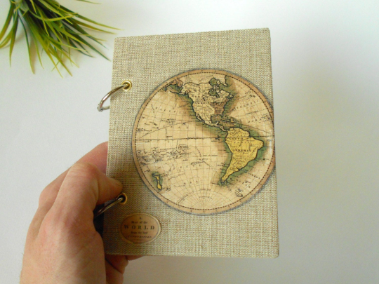 Handmade World Map travel journal with 100% recycled pages- 54 lbs.- 80 gsm.- fabric refillable hardcover journal- with a pocket inside the cover