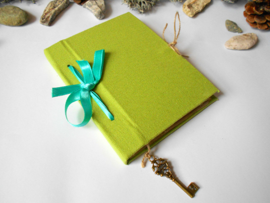 Handmade travel journal with coffee colored pages-green fabric hardcover journal, personilized refillable journal with ribbon binding- Eco-Friendly craft