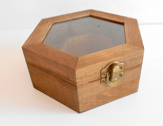 Tea box with glass display- wooden hexagon jewelry box- pine wood keep -  Exiarts & Ecocrafts