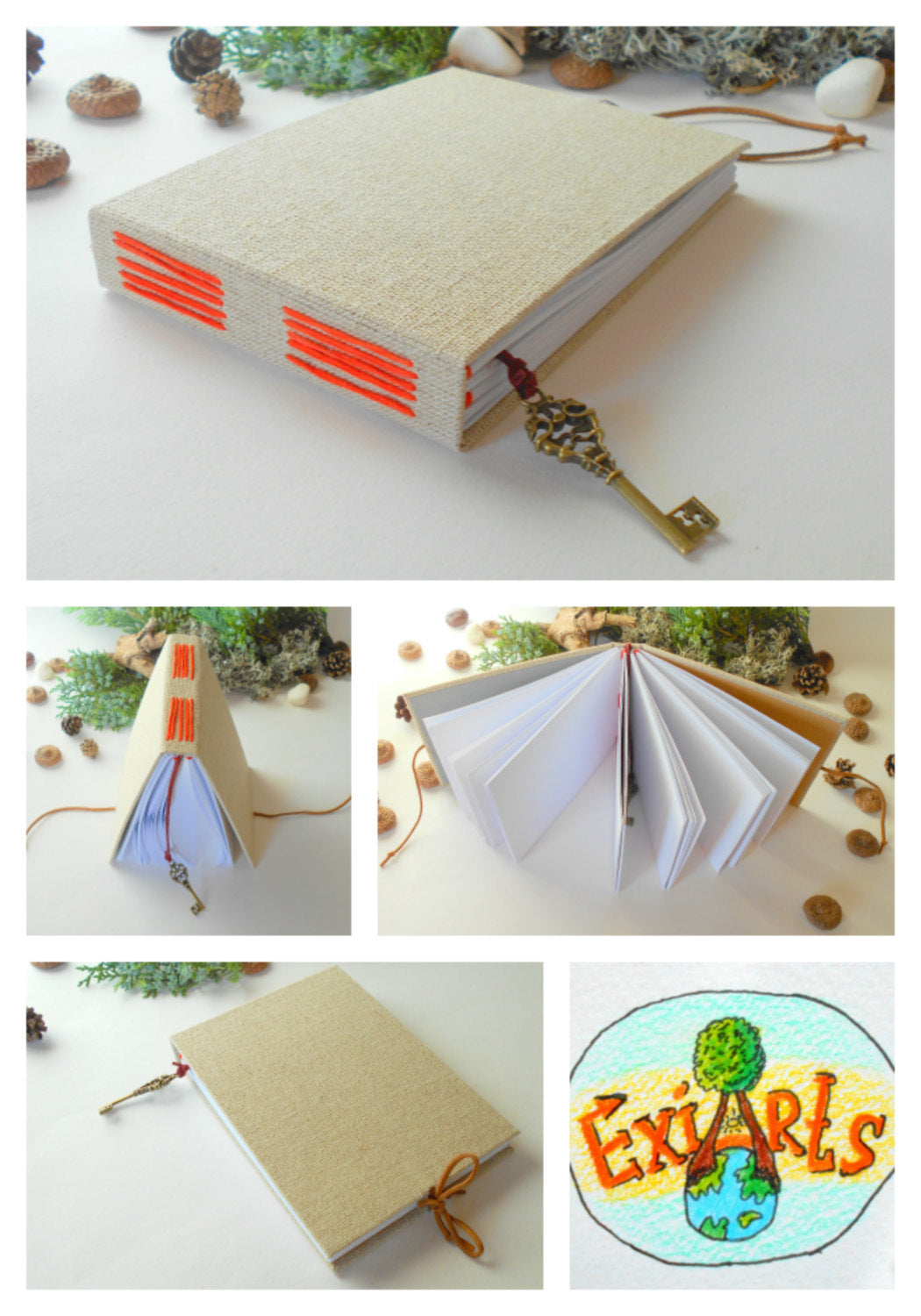 Handmade travel sketchbook journal with fabric hardcovers covers, skeleton key bookmark- eco-friendly blank book with linen fabric wrapping and 100% recycled page sheets