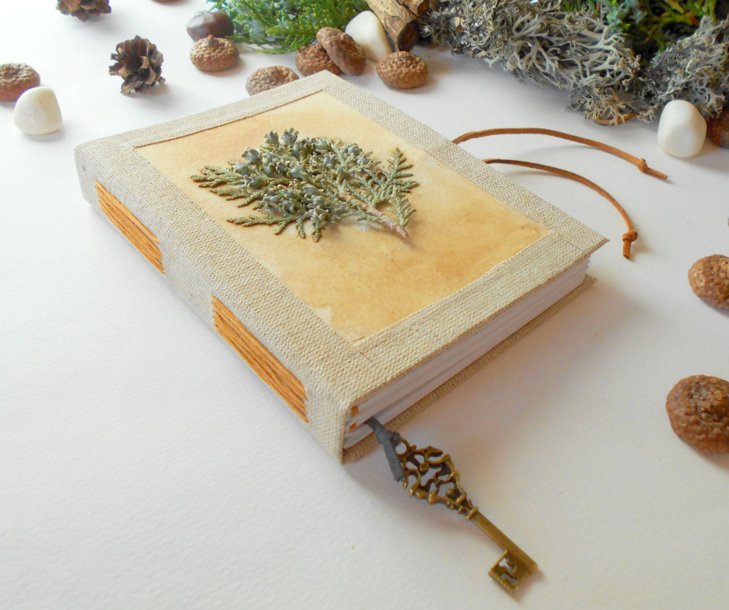 Burlap journal coptic bound with herbalised Thuya branch - custom journal- hardcovers and 100% recycled pages- Eco-friendly gift for writers, for artists and for teachers