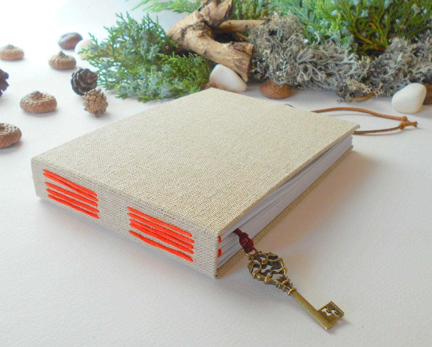 Handmade travel sketchbook journal with fabric hardcovers covers, skeleton key bookmark- eco-friendly blank book with linen fabric wrapping and 100% recycled page sheets