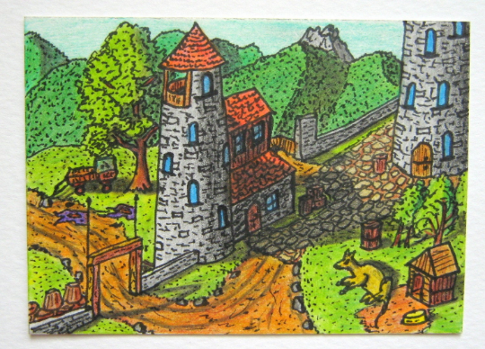 
          
            FANTASY ART of a cottage house with a four floor castle tower and a mountain landscape.
          
        