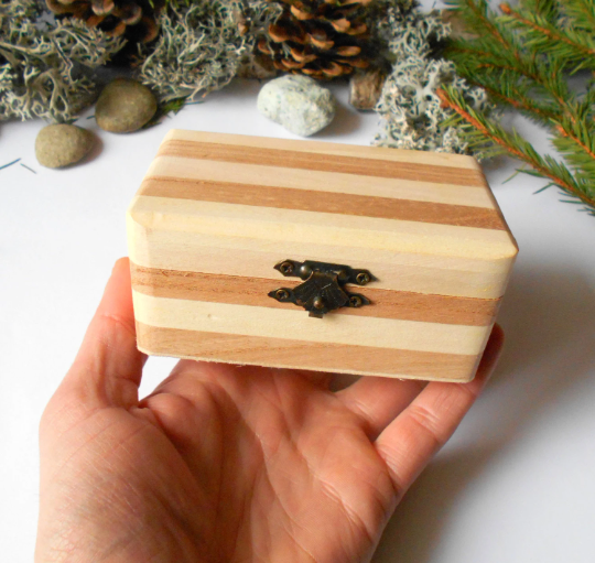 Wooden brown box stripe keepsake- rectangular box- box with bronze colored hinges- fir tree wood box-wooden supplies-craft box