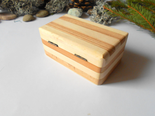 Wooden brown box stripe keepsake- rectangular box- box with bronze colored hinges- fir tree wood box-wooden supplies-craft box