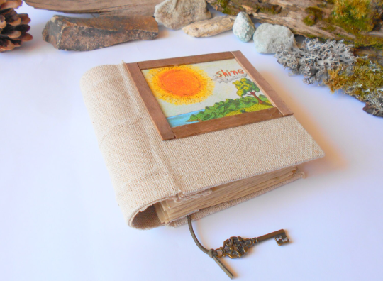 Personalized journal- inspirational blank book with fabric hardcovers- coffee colored pages- rustic art sketchbook- ecofriendly art journal