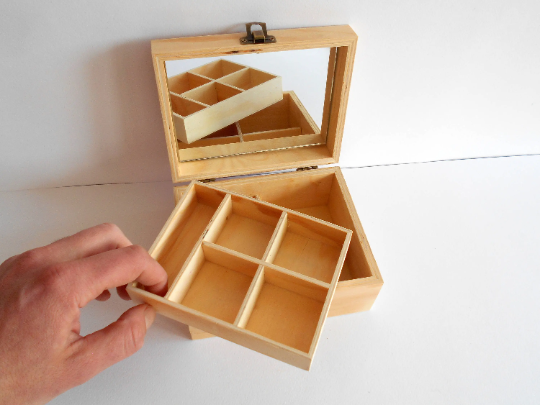 Wooden jewelry box with a mirror inside- 9 compartments on 2 levels- m -  Exiarts & Ecocrafts