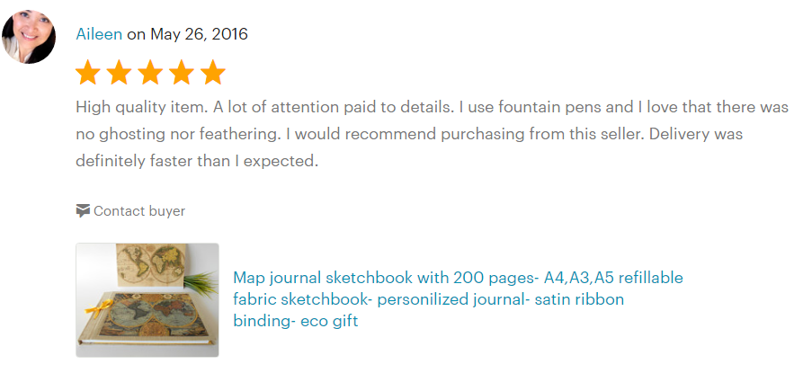 Client testimonial by Aileen with five star rating for her handmade world map refillable sketchbook journal by ExiArts