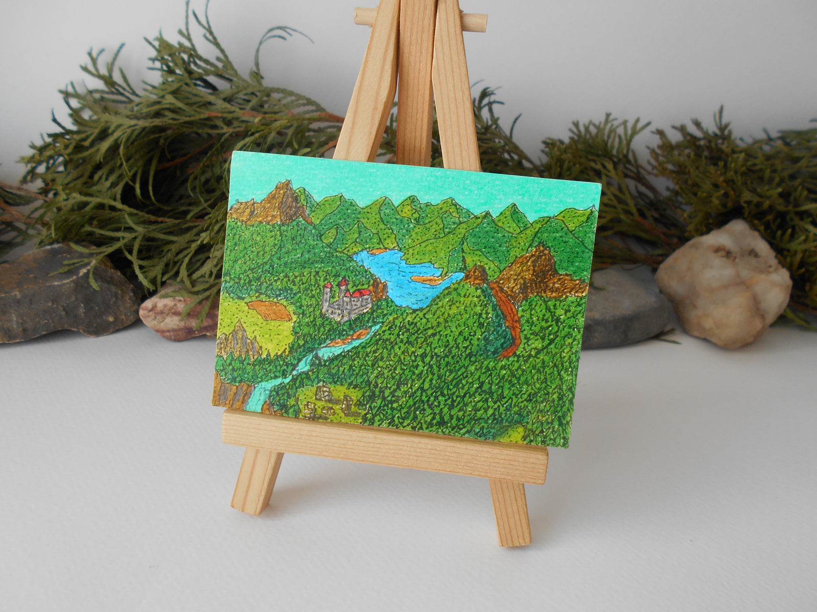 This is an original art fantasy drawing titled 'Zanethgul Castle'. The art shows a mountain landscape from the Legeridge Mountain- a mountain from my fantasy lore for ''The Realm of Exdourn''.