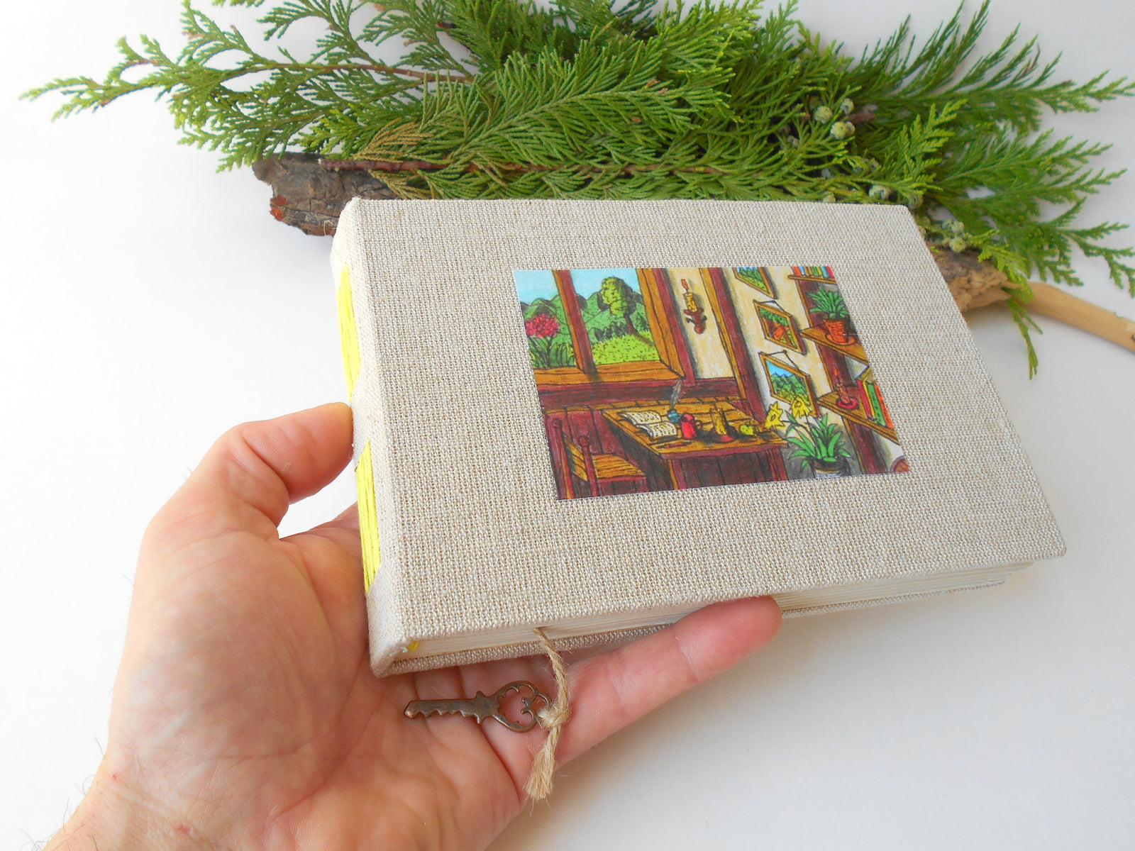 Handmade travel Art sketchbook journal with fabric hardcovers and an art print, skeleton key bookmark- eco-friendly blank book- 100% recycled page sheets