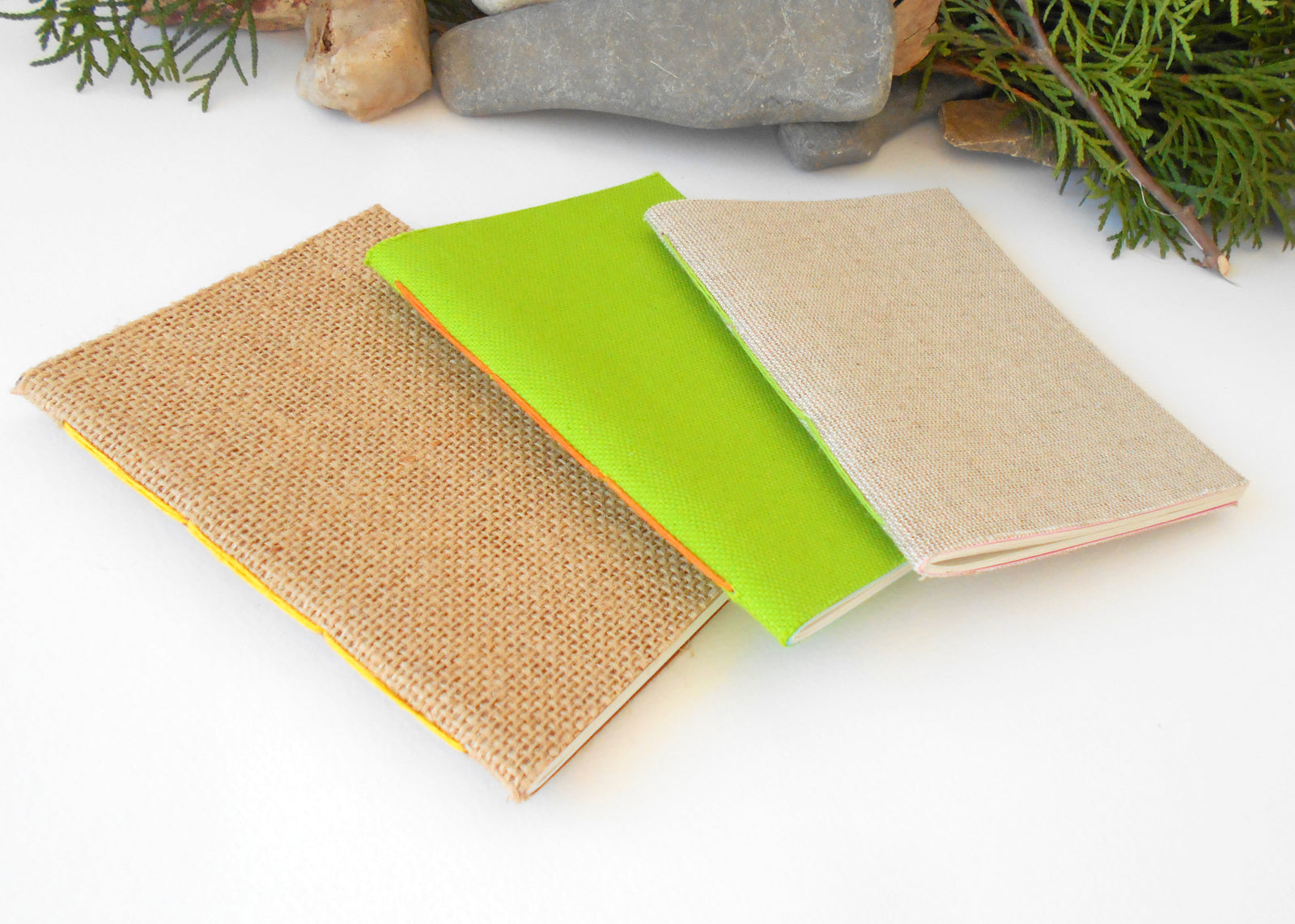Fabric notebooks set of 3- Hemp cord binding- 100% recycled pages