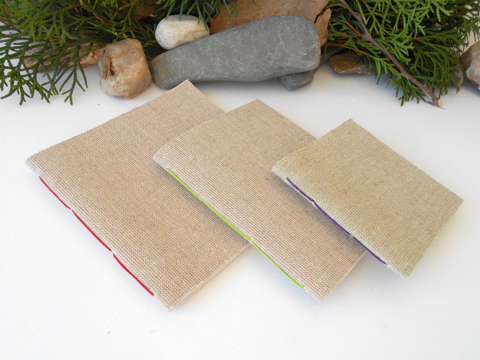 Fabric notebooks set of 3- Hemp cord binding- 100% recycled pages