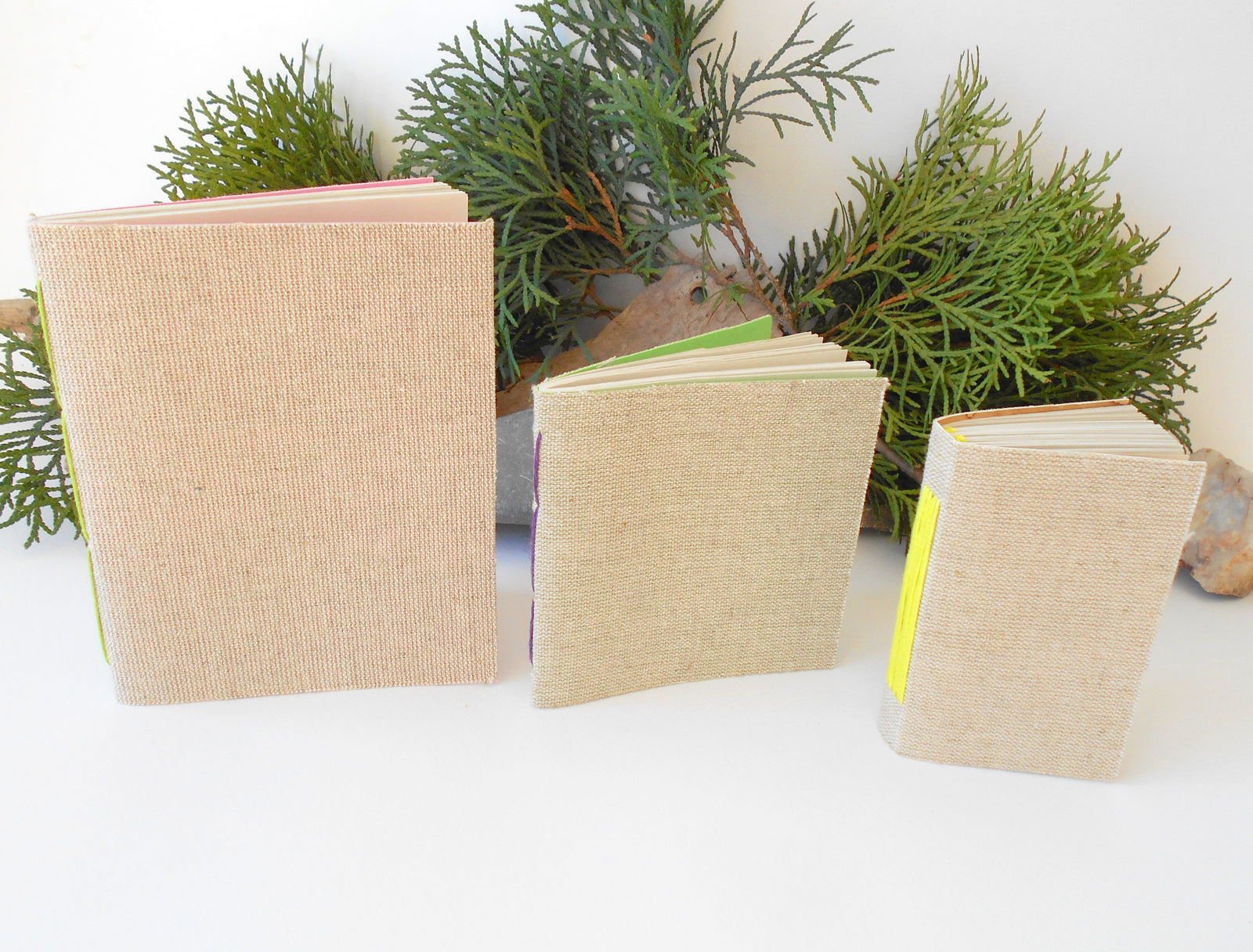 Set of 3 Linen notebooks- Hemp cord binding- 100% recycled pages