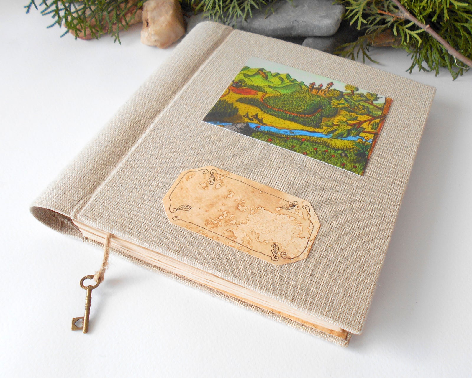 Art travel journal- Handmade refillable with hardcovers, eco-friendy linen fabric, coffee pages